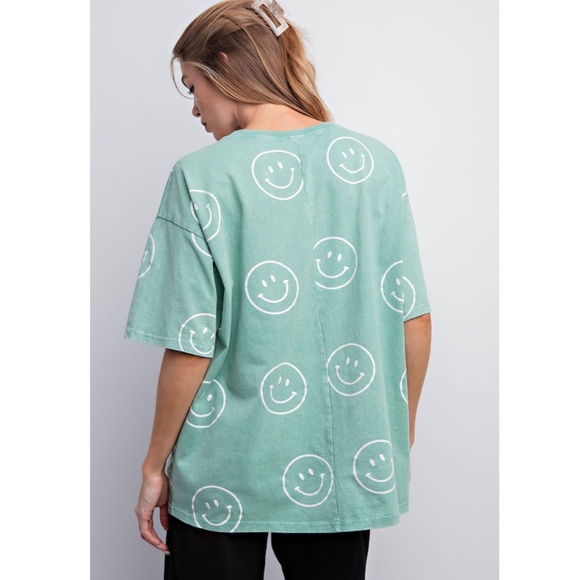 "The Becca" Apple Green Smiley Face Washed Tee - Picture 3 of 3